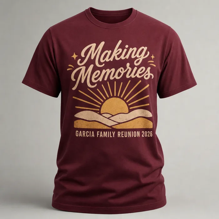 Family reunion shirt design — Rising-sun script, maroon