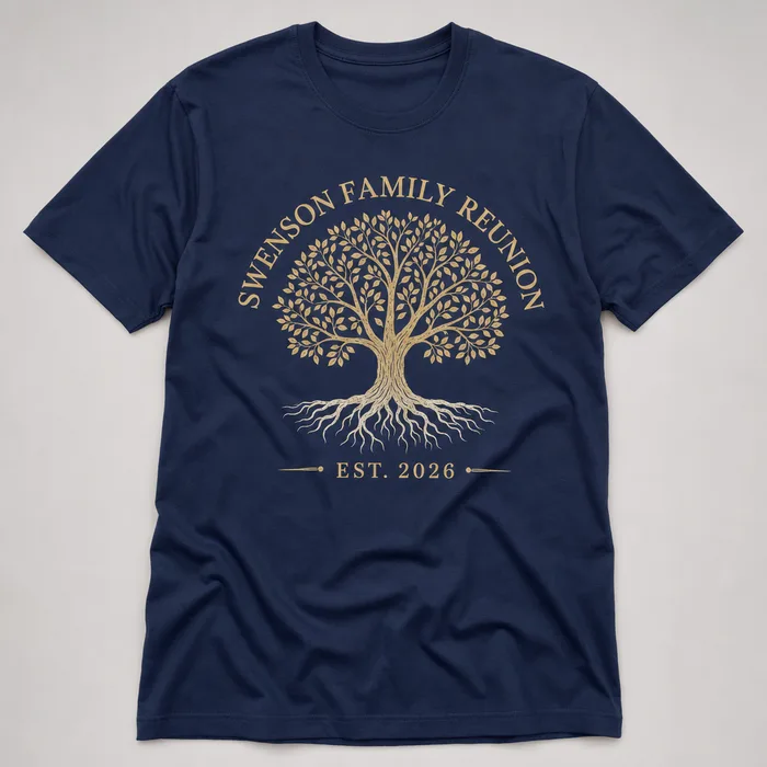 Family reunion shirt design — Family tree + roots, navy & gold