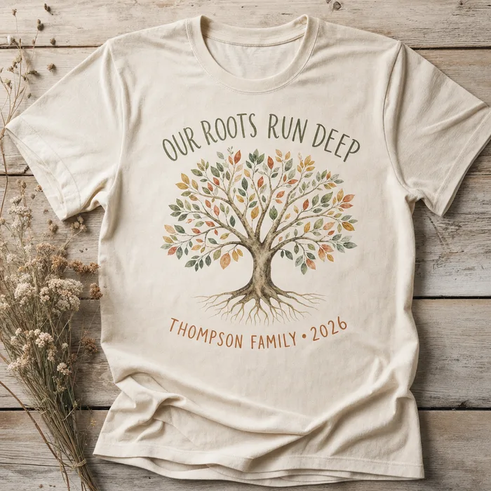 Family reunion shirt design — Watercolor tree, natural cream