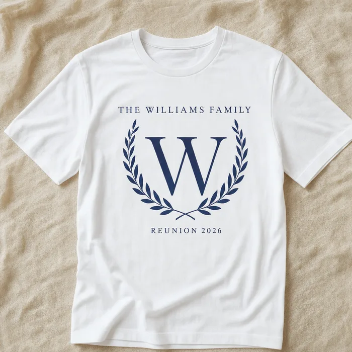 Family reunion shirt design — Classic monogram, crisp white
