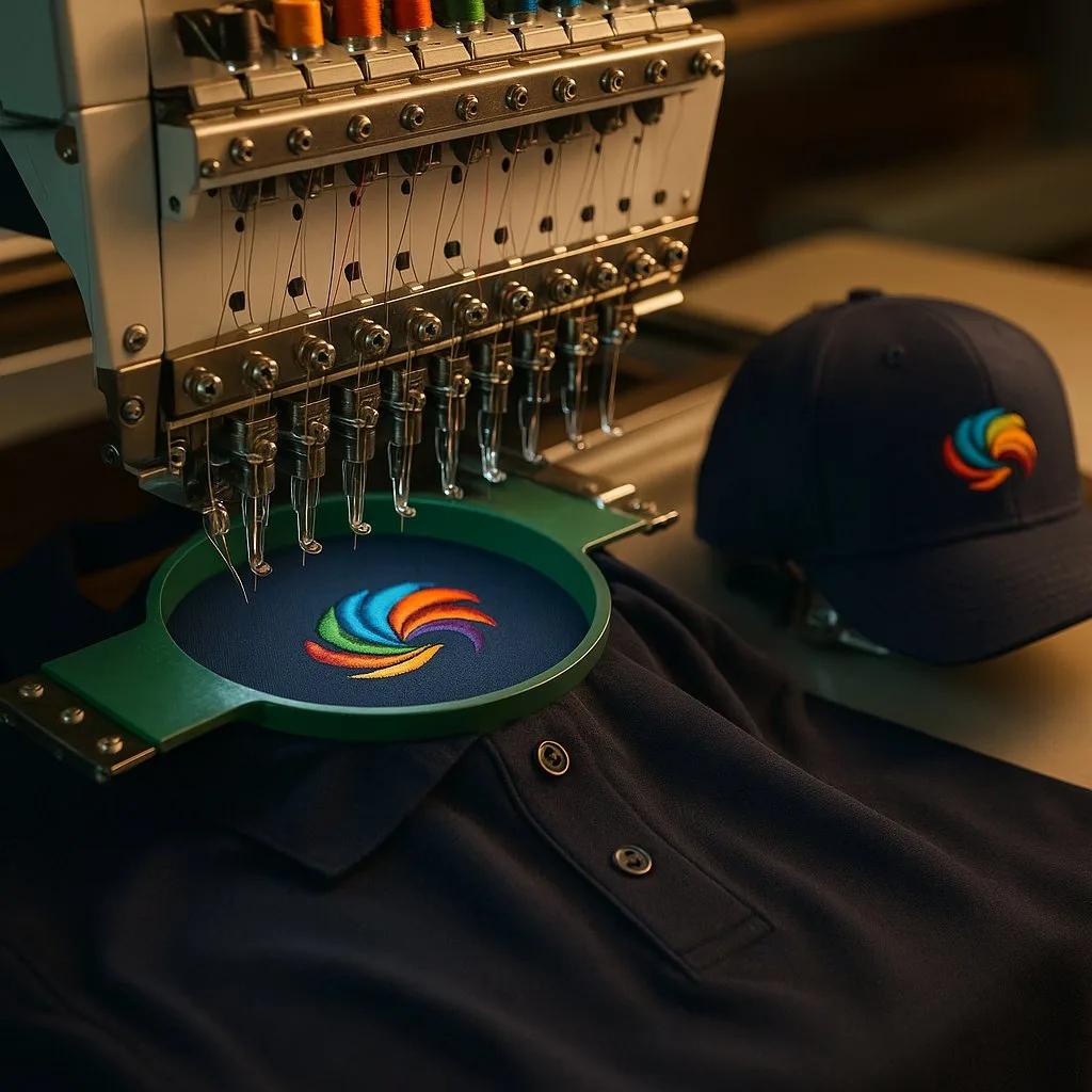 SWF embroidery machine stitching a custom logo in Meridian Idaho