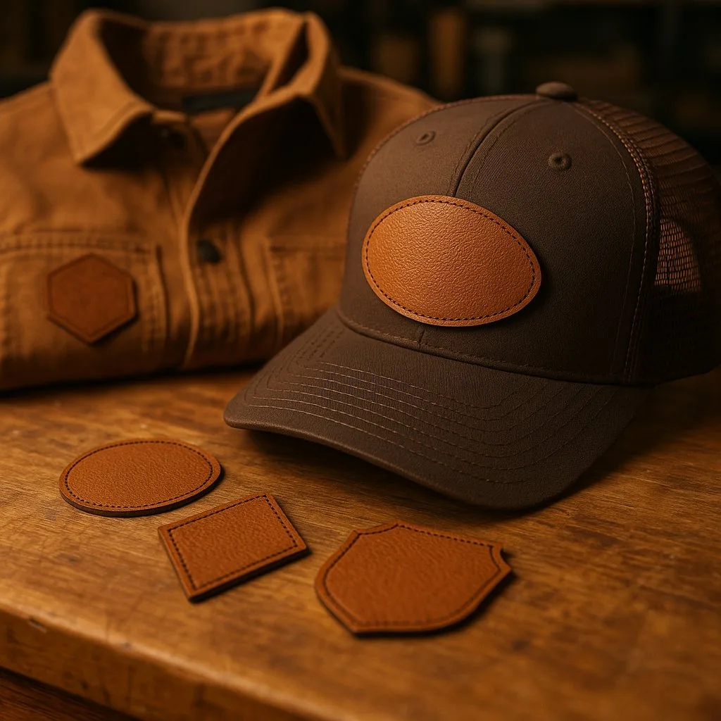 Laser-engraved custom leather patches for hats and apparel in Meridian Idaho